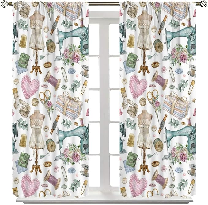 Sewing Theme Window Curtain,Vintage Sewing Machine Tool Watercolor Pattern Print Blackout Curtains for Bedroom Cafe Dining Room Office Living Room Kitchen Drapes, 72x63 in