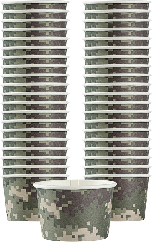 Restaurantware Coppetta 4-Ounce Dessert Cups, 50 Disposable Ice Cream Cups - Lids Sold Separately, Heavy-Duty, Camouflage Paper Frozen Yogurt Bowls, For Hot And Cold Foods