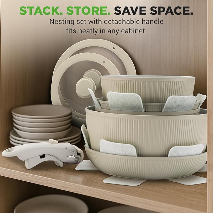 NutriChef 18-Piece Ceramic Cookware Set with Detachable Handles, Space-Saving Nonstick Pots, Pans & Lids, Oven-Safe Bowls, Stackable Storage, Includes Cooking Utensils & Accessories (Green)