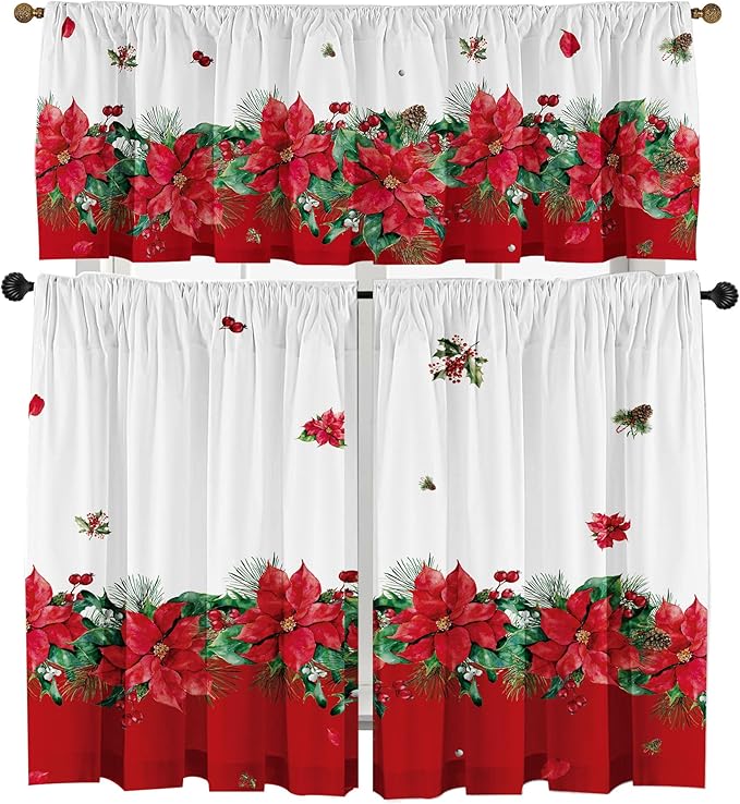 Christmas Poinsettia Curtain Valances Set of 3 Panels,Red,White&Green Rod Pocket,Festive Decor for Kitchen Bedroom, Bathroom,Laundry,52x18 Inch + 2x36x26 Inch