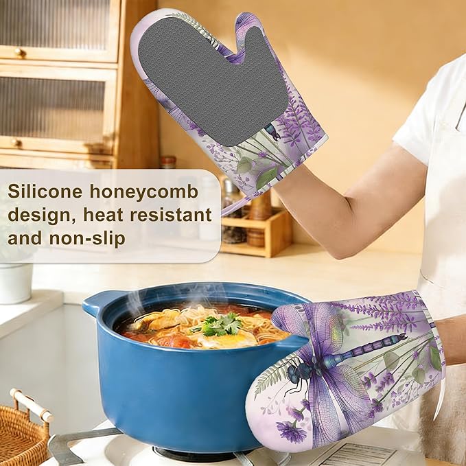 Watercolor Dragonfly Oven Mitts and Pot Holders Set of 4,Lavender Floral Kitchen Glove Heat Resistant Oven Mitts with Non-Slip Silicone for Baking, Cooking, BBQ