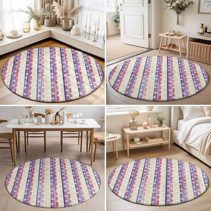 Washable Round Area Rug American Star Stripe Circle Rugs Floor Carpet for Living Room Bedroom, Retro Independence Day Theme Soft Non Slip Round Rug 5ft