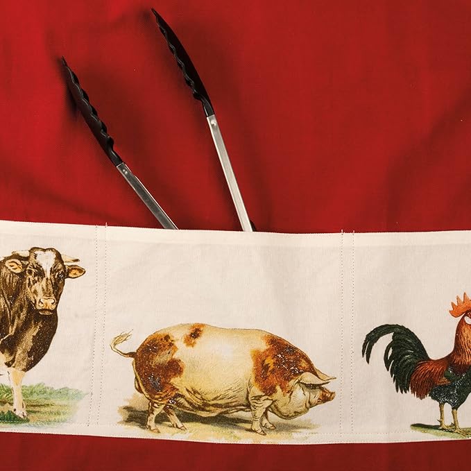 Primitives by Kathy Funny Cooking & Grilling Apron with Pockets, 100% Cotton, Vintage Farm Animal Design, Embroidered Sentiment, Adjustable Neck and Waist, Machine Washable, Red