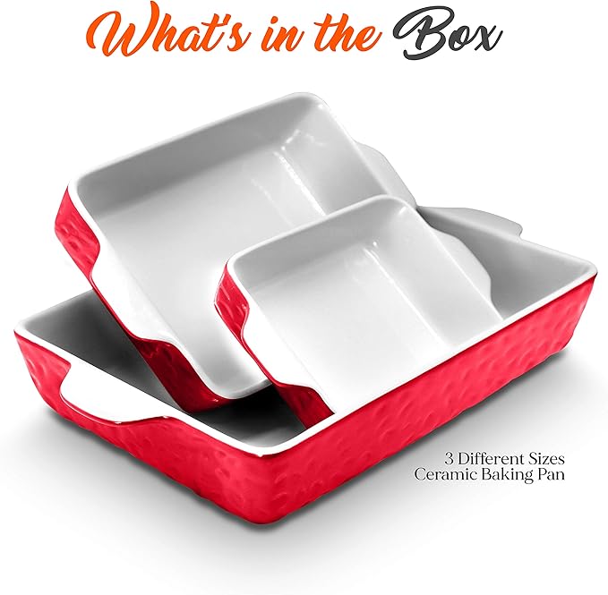 NutriChef 3-Piece Ceramic Casserole Dish for Oven - Premium Lasagna Baking Pans w/ Nonstick Coating & Built-In Handles - Dishwasher & Microwave Safe - 14" x 8", 10" x 6", 7" x 5" - Red