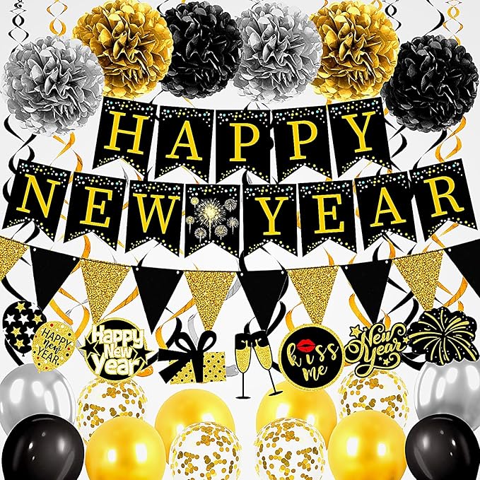 New Year‘s Eve Party Supplies 2026 -34PCS Happy New Years Decorations 2026 for 12+ Guests Includes Banner, Pom Poms, Balloons ,Triangle Flag for Nye 2026 Celebrations Premium Black Gold new years set