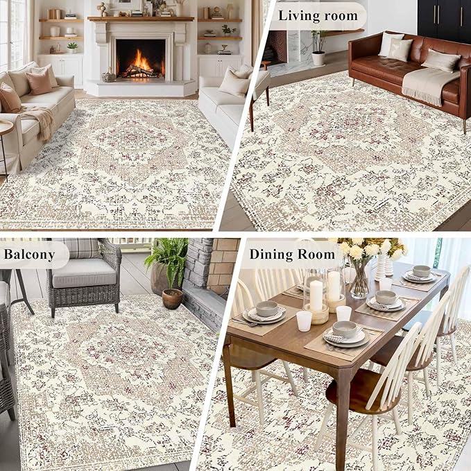 Beige Boho 5x7 Area Rugs, Vintage Ethnic Floral Non-Skid Rubber Backing Large Rectangle Rugs - Living Room Bedroom Home Office, Abstract Art Geometric Indoor Floor Mat Carpets Washable Rug