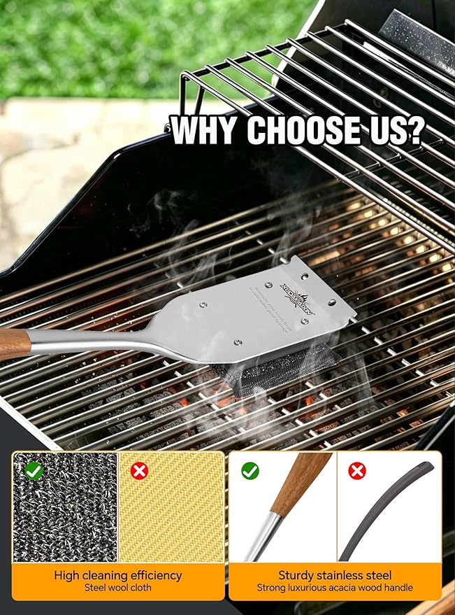 XUDKAKAIXIN Grill Brush Bristle Free,No Bristle Shedding,with 2 Replacement Head,Unique Steel Fibers Pad Perfect for Cast Iron/Stainless-Steel Grates-,Grill Cleaner for Outdoor Gril