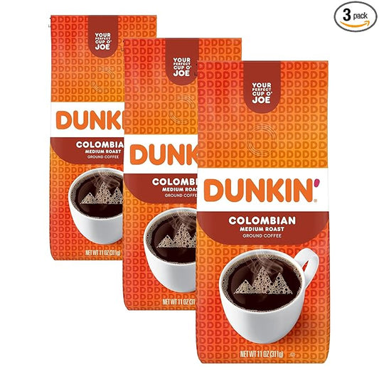 Dunkin' 100% Colombian Medium Roast Ground Coffee, 11 Ounces (Pack of 3)