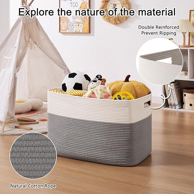 OIAHOMY 108L Extra Large Blanket Basket, 25”x16”x16” Laundry Basket, Blanket Storage for Living Room, Dog Toy Storage with Handle - Grey & White