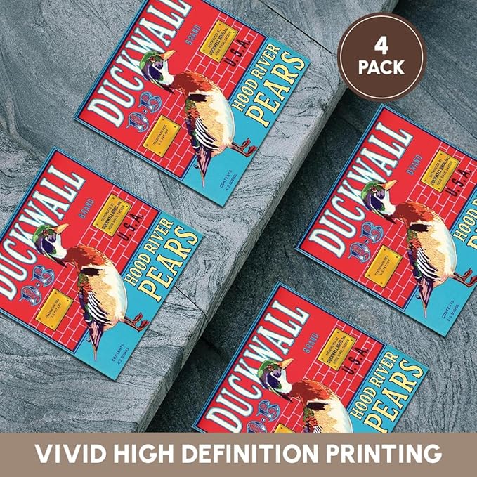3dRose Duckwall Brand hood River Pears with a Mallard Duck Crate Label - Ceramic Tile Coasters, set of 4