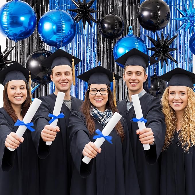 Seenelling 25 Pcs Blue and Black Graduation Party Decorations 2026 Sets 22 Inch 4d Large Stars Balloons with Metallic Tinsel Foil Fringe Backdrop Curtains for Birthday Anniversary Wedding Decor