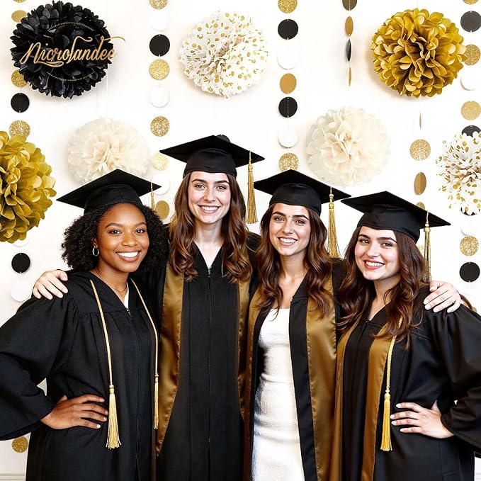 NICROLANDEE Black Gold Party Decorations, 15 PCS Tissue Paper Pom Poms Kit for 2026 Graduation Party Decor, Wedding, Birthday, Engagement, Paper Garland Flower Ball Ceiling Wall Decor