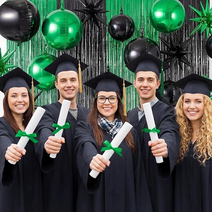 Seenelling 25 Pcs Green and Black Graduation Party Decorations 2026 Sets 22 Inch 4D Large Stars Balloons with Metallic Tinsel Foil Fringe Backdrop Curtains for Birthday Anniversary Wedding Decor