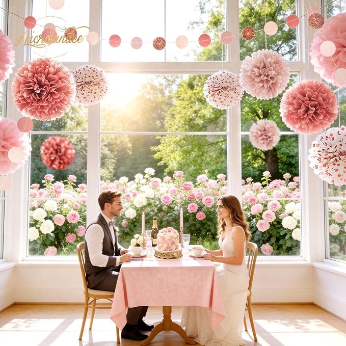 NICROLANDEE Rose Gold Wedding Decorations - 15 PCS Tissue Paper Pom Poms for Engagement Party Wedding Birthday Bridal Shower Bachelorette Dot Paper Garlands Rose Gold Valentines Party Backdrop Decor
