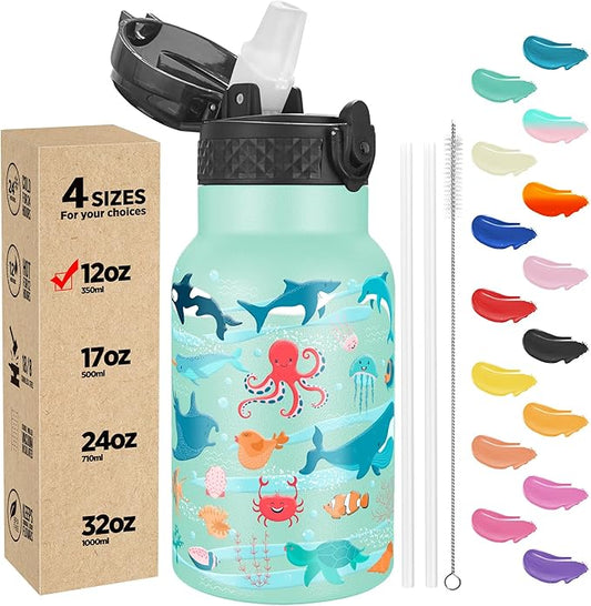 Han's Bottle Kids Water Bottle with Straw Lid - Insulated Stainless Steel Reusable Tumbler for Girls,Boys,Thermo Mug,12oz,Ocean Fish