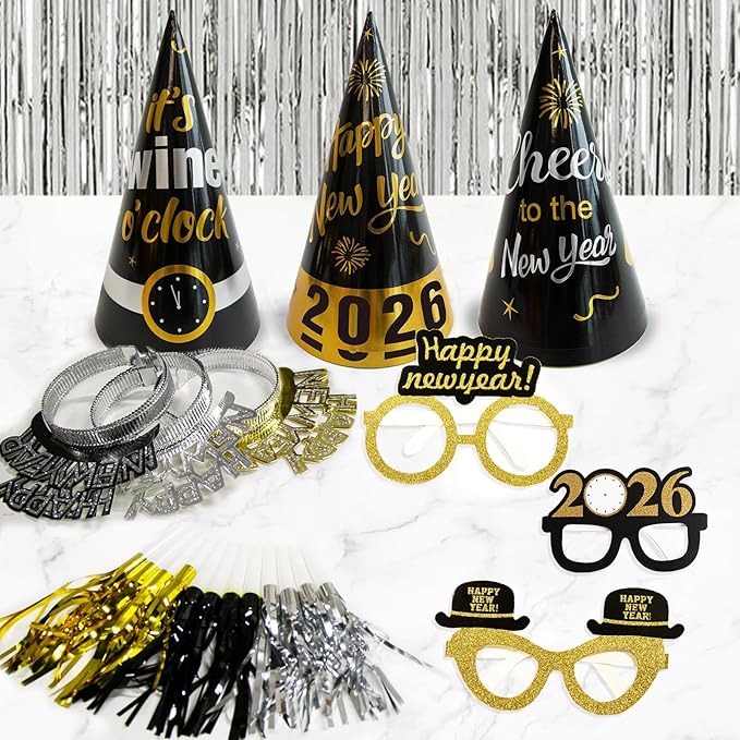 New Years Eve Party Supplies 2026 - Happy New Year Decorations Kit - Set of 50 Includes Banner, Hats, Ribbon, Glasses,Tiaras, Balloons, Squawkers and Fringe Curtains - Accessories for Kids Party Decor