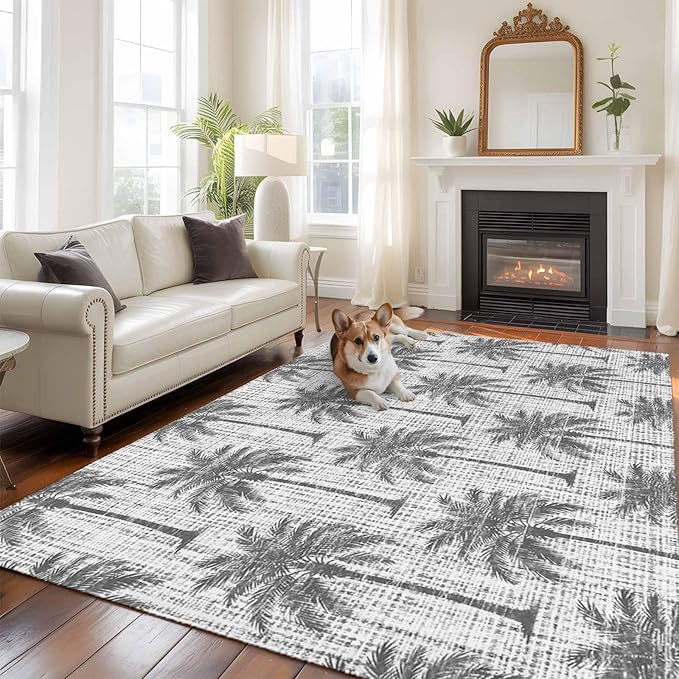 Area Rug 9x12ft, Summer Palm Tree Retro Linen Washable Rugs for Living Room Bedroom Rectangle Floor Carpet, Tropical Gray Botanical Soft Non-Slip Area Rugs for Dining Room