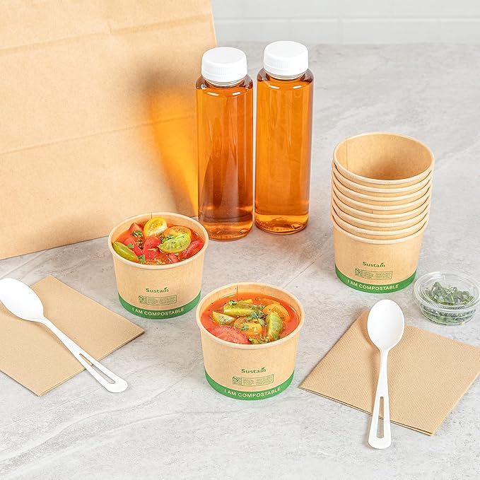 Restaurantware Paper Soup Containers 200 Pack Of 8 oz Disposable Kraft To Go Hot Soup Serving Bowls BPI-Certified Compostable Leakproof Stackable Food Containers For Noodles, Pasta And Desserts