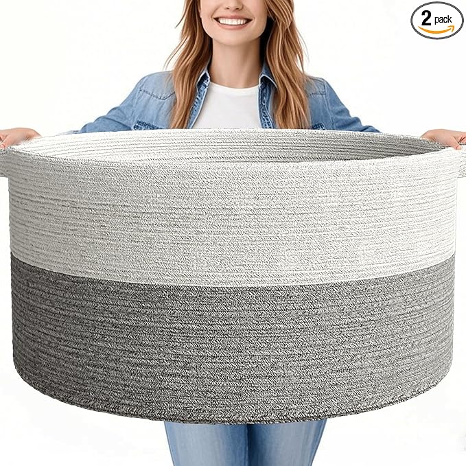 125L Extra Large Blanket Basket, 25" x 16", Jumbo Laundry Woven Basket Decorative Home, Cotton Rope Basket with Handles, Baby Toy Basket for Storage, White & Gray, 2PC