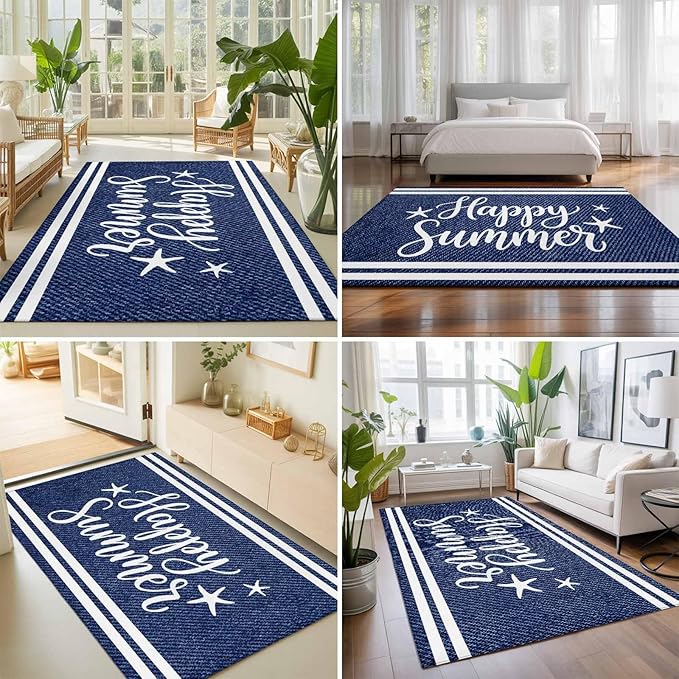Area Rug 3x5ft, Happy Summer Quote Ocean Starfish Washable Rugs for Living Room Bedroom, Navy Blue Stripe Denim Texture Soft Non-Slip Area Rugs Rectangle Floor Carpet for Dining Room