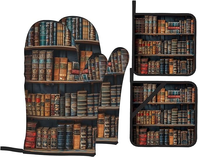 Vintage Books Oven Mitts and Heat Resistant Pads - Heat Resistant Gloves Potholder Set of 4 for Cooking, BBQ, Gifts for Women
