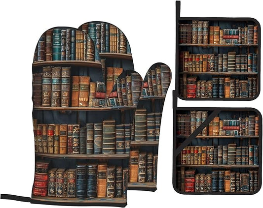 Vintage Books Oven Mitts and Heat Resistant Pads - Heat Resistant Gloves Potholder Set of 4 for Cooking, BBQ, Gifts for Women