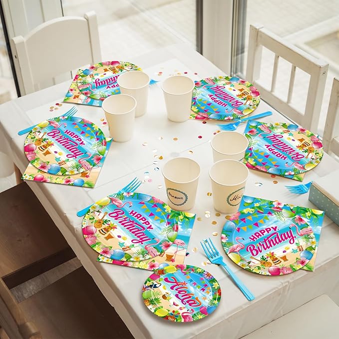 200Pcs Hawaiian Aloha Party Tableware Set, Luau Tropical Birthday Party Decorations Supplies for Summer Beach Pool Retirement Baby Shower Disposable Paper Plates Napkins Forks for 50 Guests