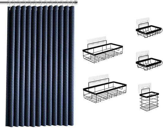 Clara Clark Navy Blue Shower Curtain Set with Black Shower Caddy Hanging - Fabric Shower Curtains and Stainless Steel Shower Caddies, Bathroom Shower Curtain Sets with Corner Shower Caddy Dorm
