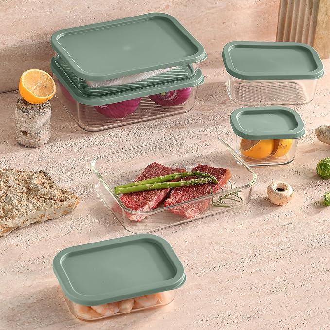 EATEX 7 Pack Glass Meal Prep Containers with Grooved Base, 7 Stackable BPA Free Glass Storage Containers with Lids for Lunch, Pantry, and Kitchen - Microwave, Dishwasher Freezer & Oven Safe - Sage