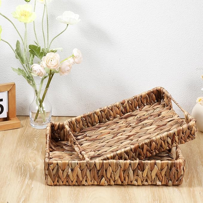 2 PCS Rattan Tray Rectangle Handwoven Weaving Basket Trays for Decor, Wicker Trays with Handles, Water Hyacinth Wicker Serving Tray for Storage Organizing Bathroom Home