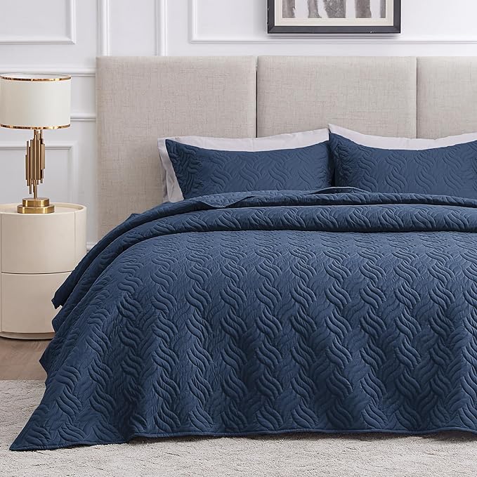 Love's cabin Quilts for Full Bed Navy Blue Bedspreads Bedding Set - Lightweight Bedspread Comforter - Wave Pattern Bedding Coverlet for All Season - 3 Pieces (1 Quilt, 2 Pillow Shams)