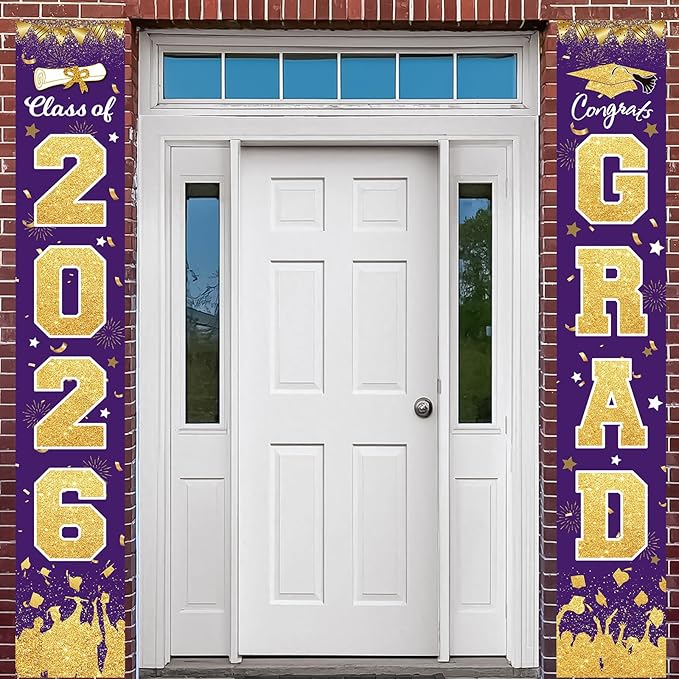 2026 Graduation Party Decorations - Purple Gold Class of 2026 Congrats Grad Porch Sign Banner Hanging Flag Graduation Party Supplies for School College Classroom Decor