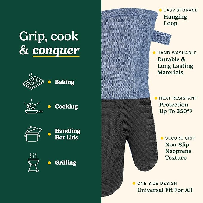 Cuisinart Kitchen Oven Mitts – Heat-Resistant Kitchen Mitts for Oven with Non-Slip Neoprene Palm, Long Cuff, and Cotton Filling – Durable Oven Gloves for Cooking, Baking, & Grilling (Chambray)
