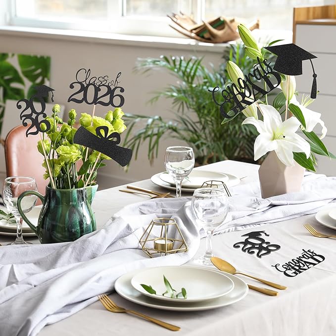 Graduation Decorations 2026, 20 PCS Sparkling Black Double-Sided Centerpiece Sticks for Tables, Class of 2026 Table Toppers and Party Supplies
