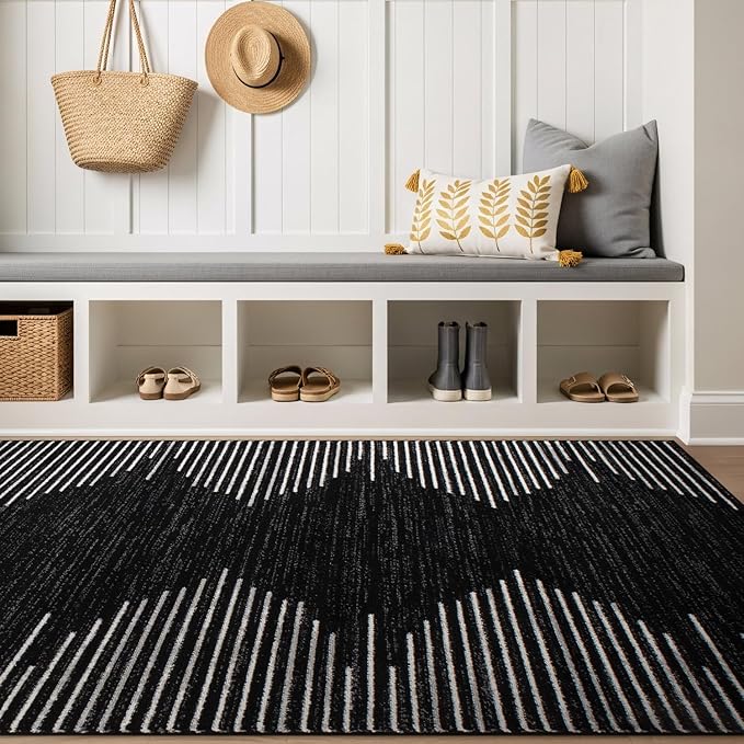Rugshop Bohemian Stripe Stain Resistant High Traffic Living Room Kitchen Bedroom Dining Home Office Area Rug 4' x 6' Black
