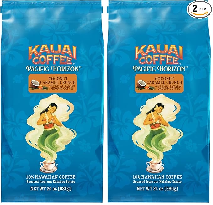 Kauai Coffee Ground Coffee – Smooth, Rich, Medium Roast – Nutty Caramel and Tropical Coconut – Arabica Coffee, 10% Hawaiian with No Bitterness – Coconut Caramel Crunch, 2 Pack of 24oz