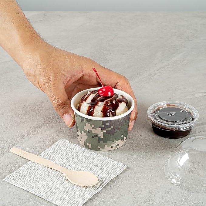 Restaurantware Coppetta 4-Ounce Dessert Cups, 50 Disposable Ice Cream Cups - Lids Sold Separately, Heavy-Duty, Camouflage Paper Frozen Yogurt Bowls, For Hot And Cold Foods