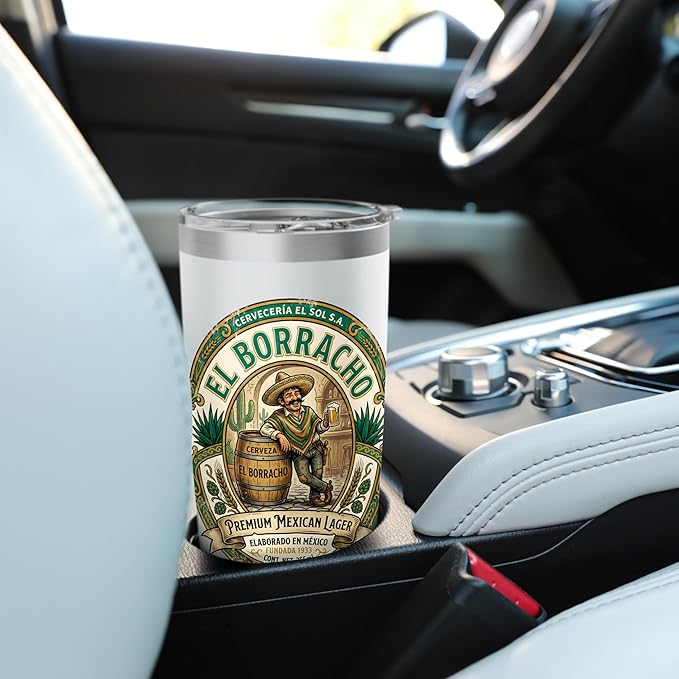 El Borracho The Drunk Mexican Cerveza Retro Beer Label Stainless Steel Insulated Tumbler