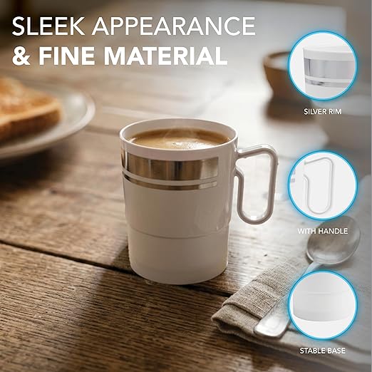 Party Essentials Bistro Hard Plastic Coffee Cup/Tea Mug w/Handle, 40 Count, 8-Ounce, White with Silver Rim