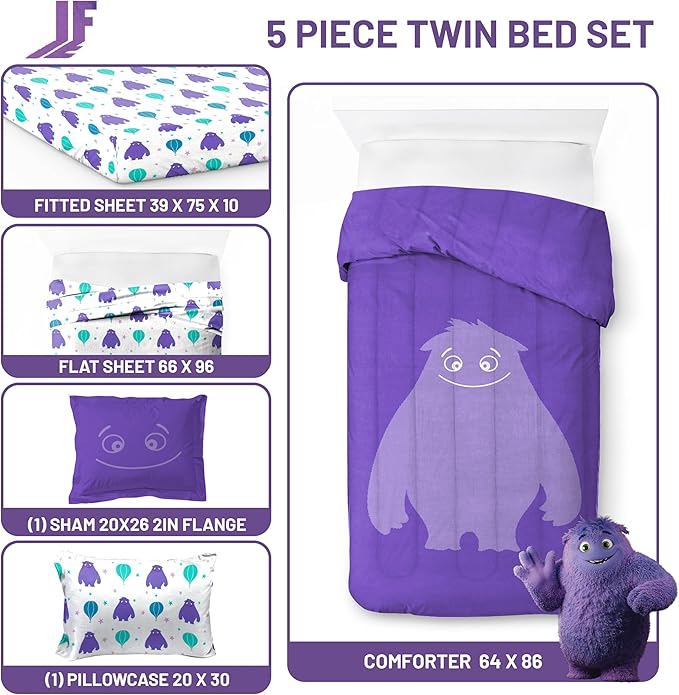 Jay Franco IF Imaginary Friends Twin Comforter Set - Purple 5 Piece Bed Set Includes Sheet Set & Pillow Covers - Super Soft Kids Bedding Features Blue
