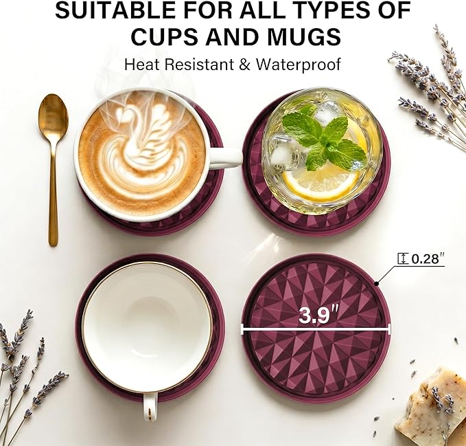 Silicone Coasters for Drinks[4 Pack]- Cup Mat for Tabletop Protection-Non-Slip, Non-Stick, Coffee Table Decor, Great Gift for Mother’s Day, Red