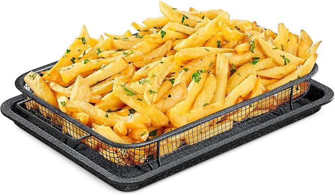 Bakken Swiss Crisper Tray - 2-Piece Set – Gray Marble Coating, Non-Stick Basket for Healthier Cooking in Regular Ovens - Perfectly Crispy Chips, Bacon & More