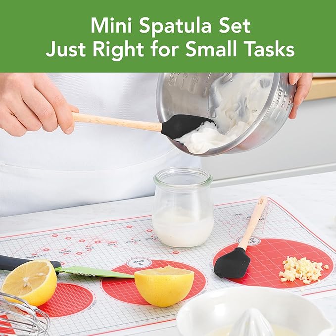 Tovolo Mini Spoon Spatula Wooden Handle Set for Cooking and Baking, Heat Resistant Safe for Cast Iron BPA Free Silicone Mixing Tool Natural Wood Perfect for Scraper Mixing Spooning, Black