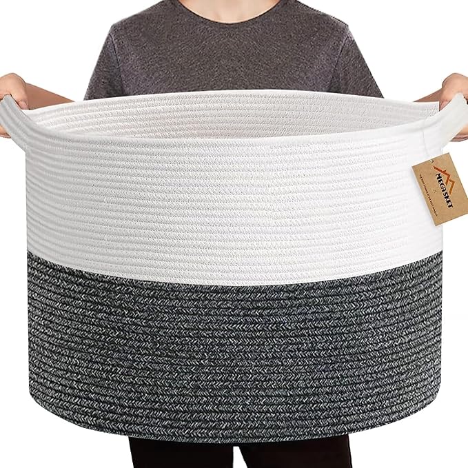 MEGASKET Large Throw Blanket Basket, 22" X 22" X 14" XXXL Blanket Holder for Living Room, Big Wicker Baskets for Storage, Woven Cotton Rope Kids Toy Box, Throw Pillow Holder Organizer Bin