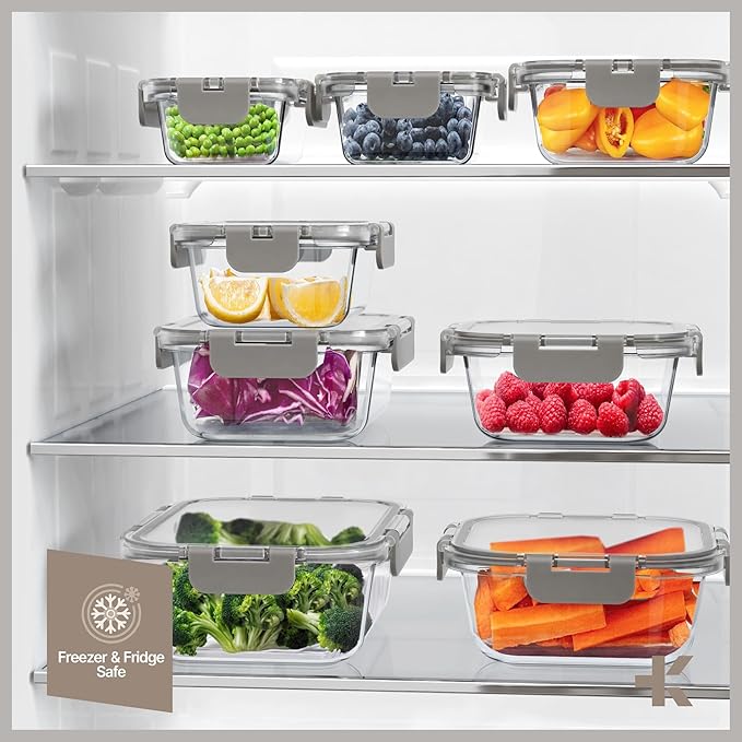 Bakken Borosilicate Glass Food Storage Containers with Lids 16 Pieces, BPA-Free Stackable Lunch & Leftover Containers, Microwave, Freezer & Dishwasher Safe, 100% Airtight Leak-Proof, Gray