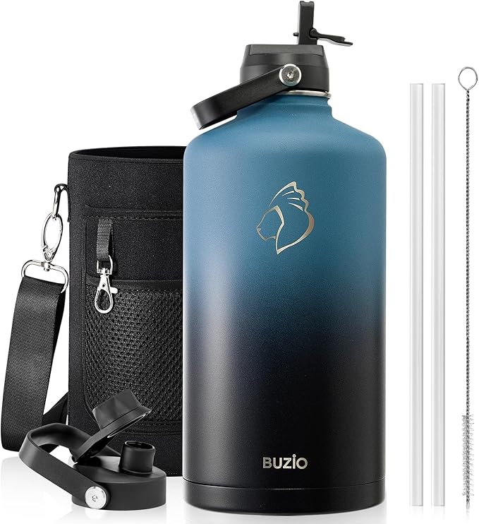 BUZIO 1 Gallon Water Bottle Insulated with Straw Lid, 128oz Large Water Jug Stainless Steel Metal Vacuum Water Flask Leak Proof 18/8 Food Grade Thermo Mug Keep Cold 48H & Hot 24H, Indigo Crush