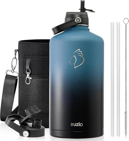 BUZIO 1 Gallon Water Bottle Insulated with Straw Lid, 128oz Large Water Jug Stainless Steel Metal Vacuum Water Flask Leak Proof 18/8 Food Grade Thermo Mug Keep Cold 48H & Hot 24H, Indigo Crush