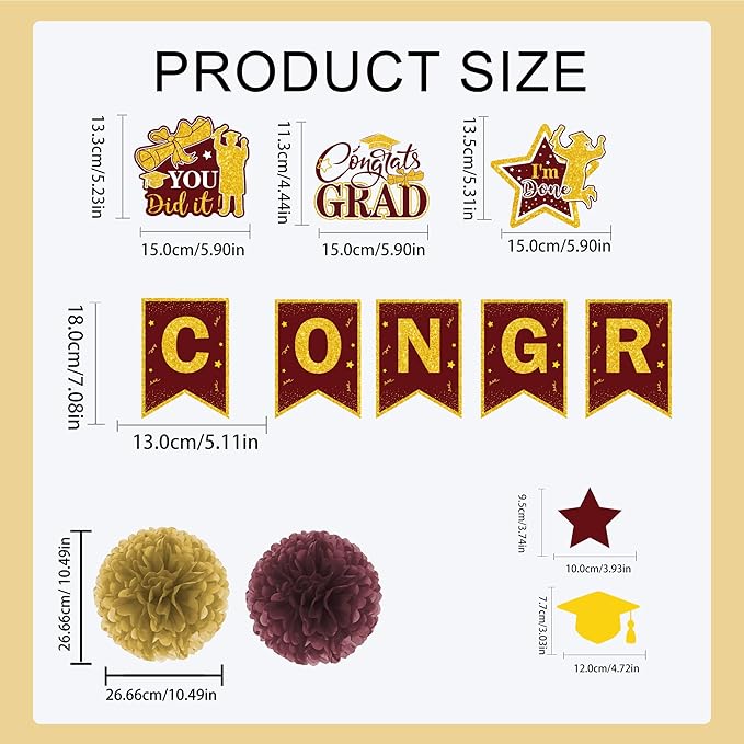 17 Pcs Maroon and Gold Graduation Decorations, Congrats Grad 2026 Banner Set with Hanging Swirls & Tissue Paper Pom Poms, Class of 2026 Graduation Party Decor