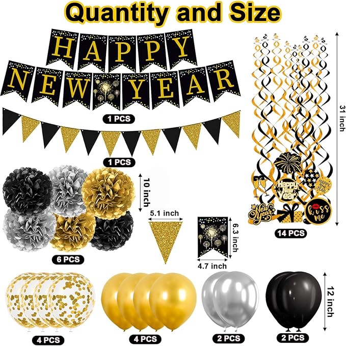New Year‘s Eve Party Supplies 2026 -34PCS Happy New Years Decorations 2026 for 12+ Guests Includes Banner, Pom Poms, Balloons ,Triangle Flag for Nye 2026 Celebrations Premium Black Gold new years set