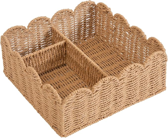 Rattan Divided Scalloped Basket,Wicker Diaper Caddy Scalloped Baske,Woven Natural Basket with 4 Dividers,Suitable for Baby Rooms, Bathrooms, Bedrooms (Paper Rope)